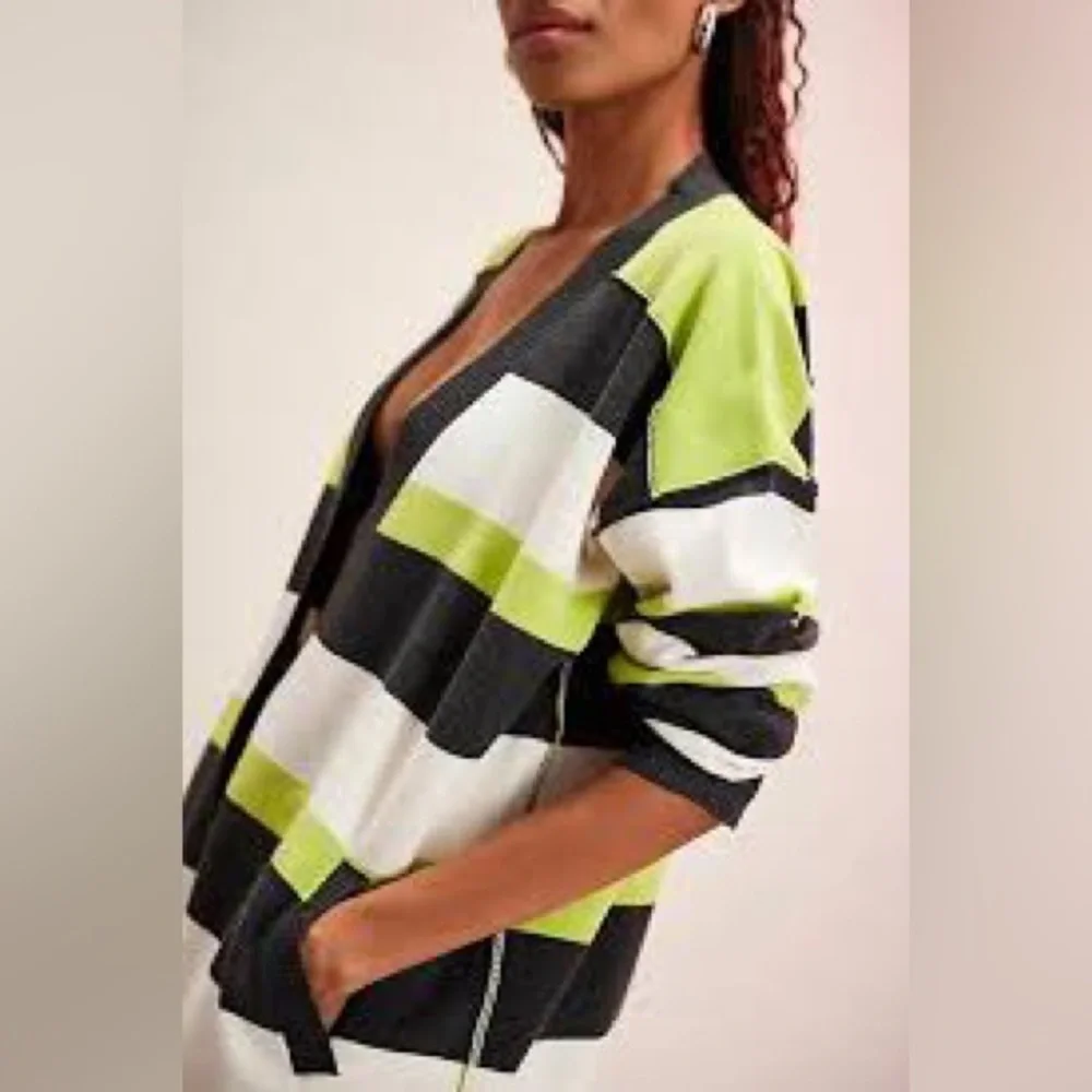 NWT Free People A League of Her Own Striped Cardigan in Carbon Lime, M - Picture 2 of 12